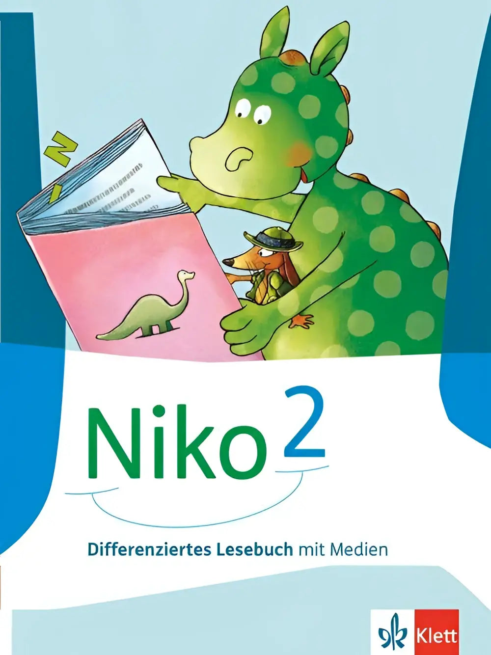 Groene polkadot dinosauriër met roze boek met klein dier op cover van niko 2 lesebuch mit medien klasse 2