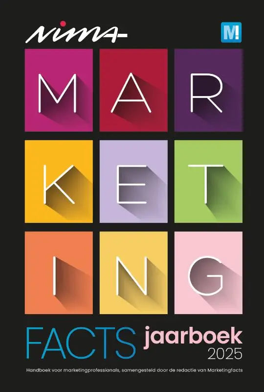 Cover van het nima marketingfacts jaarboek 2025 met kleurrijke blokken en witte en blauwe letters marketingfacts jaarboek