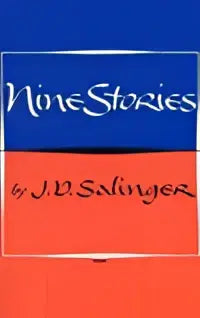 De boekcover toont een blauw en oranje ontwerp met de titel nine stories in witte cursieve letters boven de auteur j.d