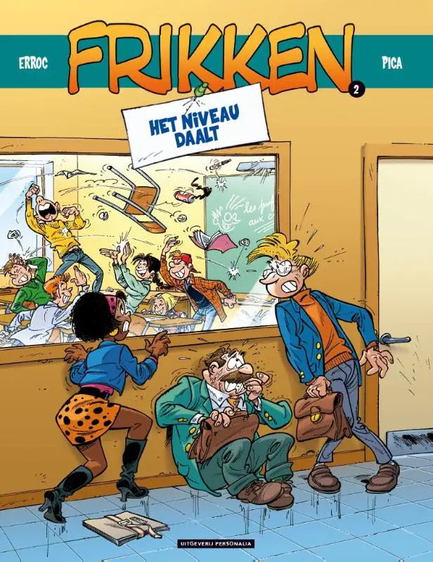 De cover van het stripboek frikken 2 door errroc en pica toont een dynamische cartoonillustratie in levendige kleuren van uitgeverij personalia in het niveau daalt