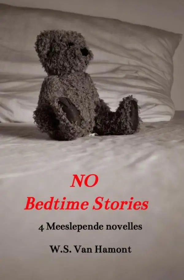Een versleten donkergrijze pluche teddybeer met gescheurde randen op bed bij fantasierijke novelles zonder bedtime stories