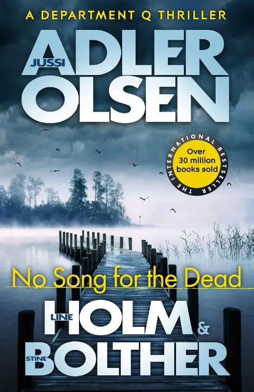 The book cover of no song for the dead shows a misty wooden pier extending into foggy water beneath an overcast sky