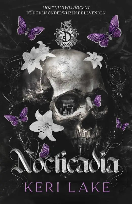 A metallic skull with white lilies and purple butterflies featuring a gothic crest from keri lake nocticadia collection