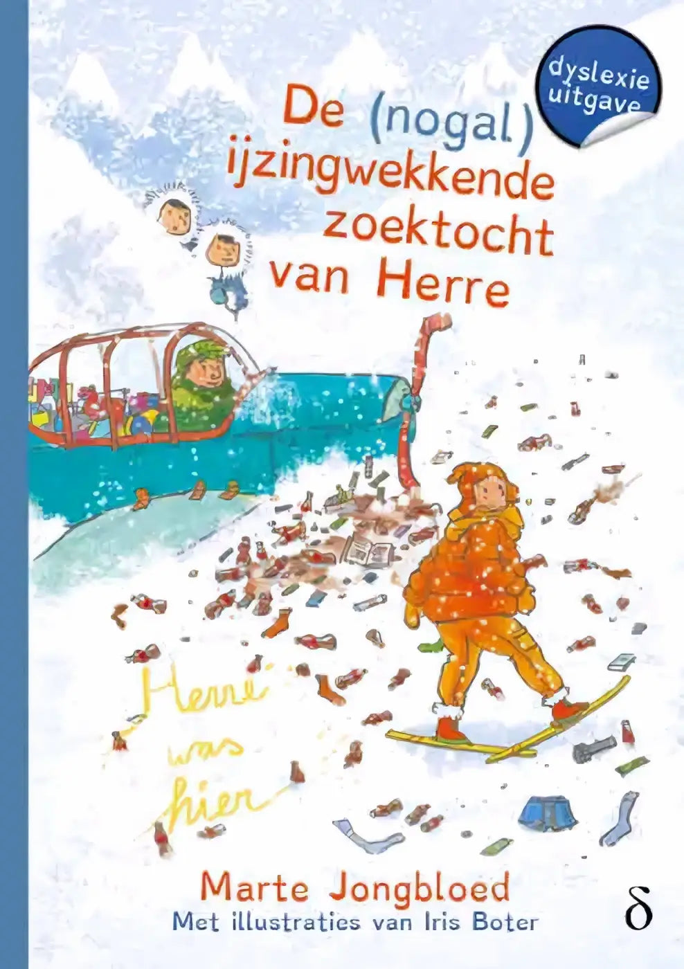 Cover van het kinderboek de nogal ijzingwekkende zoektocht van herre met kleurrijke illustratie en sneeuwbergen