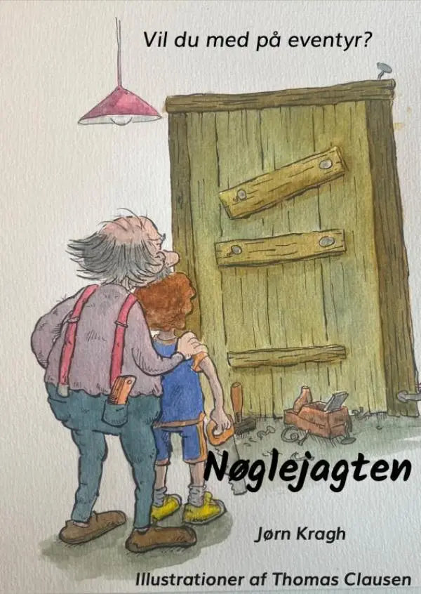 Een rustieke houten deur met drie horizontale planken en een rode hanglamp in nøglejagten vil du med op avontuur voor jonge lezers