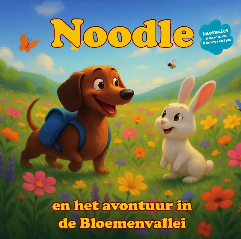 De cover van het boek toont een bruine teckel met blauwe rugzak en een witte konijn in bloemenvallei voor jonge lezers
