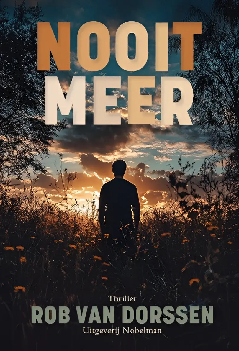 The book cover of the thriller nooit meer features bold gradient letters against a sunset with silhouetted trees and wildflowers