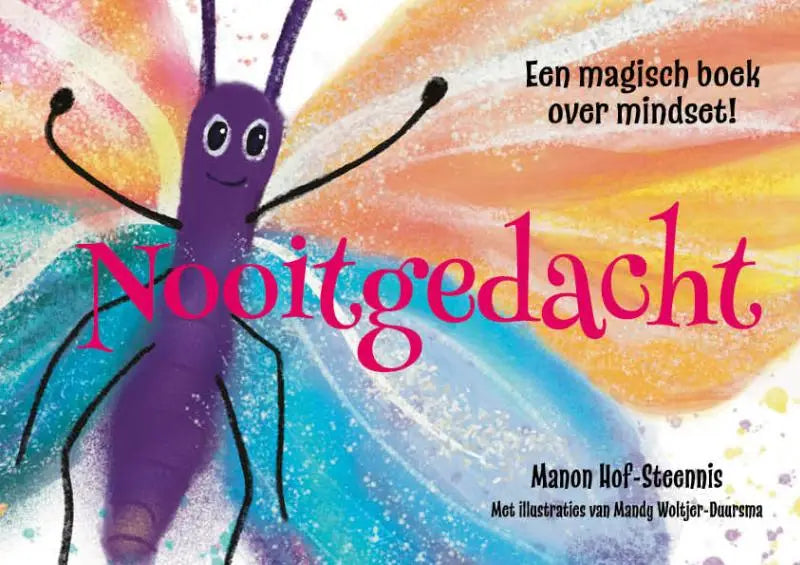 Paarse cartoonmier met zwarte antennes en poten op kleurrijke achtergrond voor magisch boek Nooitgedacht