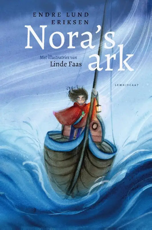 Een kind in een rode mantel staat op een houten boot met blauwe rand en houdt een lantaarn vast nora’s ark endre lund eriksen