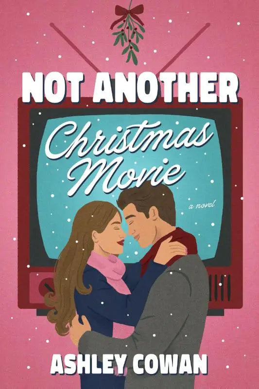 Een vintage stijl rode televisie met een teal scherm toont not another christmas movie met een koppel in een omhelzing