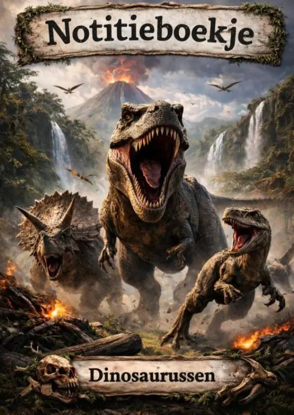 Dinosaurussen notitieboekje met een brullende tyrannosaurus op de kleurrijke kaft voor dagelijkse aantekeningen