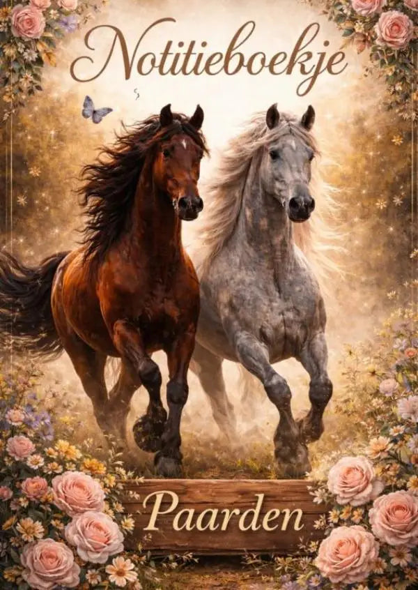Notitieboekje paarden 1 met prachtige illustratie van een donkerbruine en grijze paard voor een rozenachtergrond