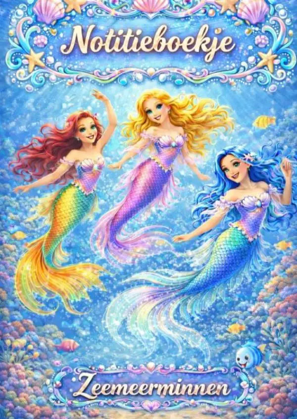 Een kleurrijk notitieboekje zeemeerminnen met drie illustraties van mermaids en regenboogkleurige staarten