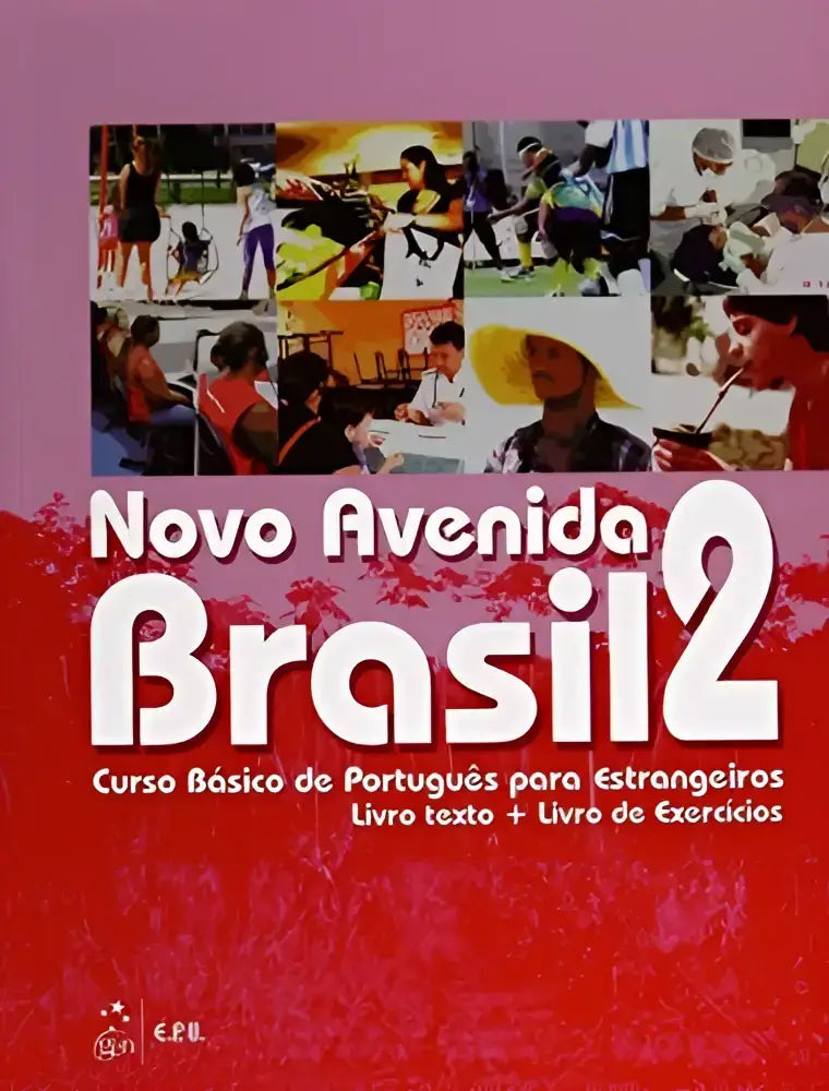 De voorkant van het novo avenida brasil boek 2 met een kleurrijke collage op een rood roze achtergrond