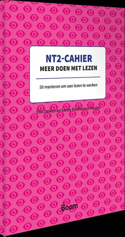 Roze nt2-cahier met herhalend oogpatroon en titel nt2-cahier meer doen met lezen door Els Delken en Sandy Posthumus Meyjes