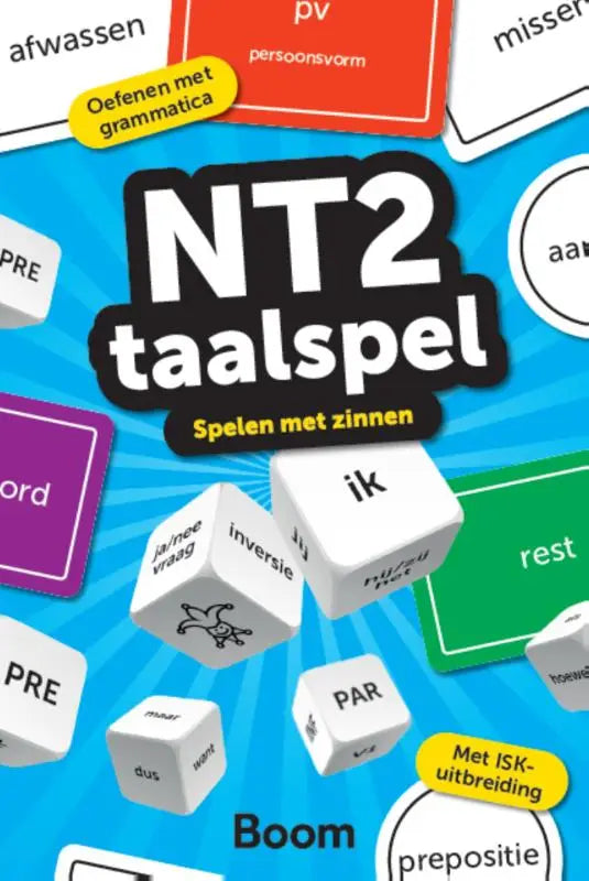 Nt2 taalspel educatief spelboek met blauwe omslag witte dobbelstenen en kleurrijke woordtegels voor zinsvorming