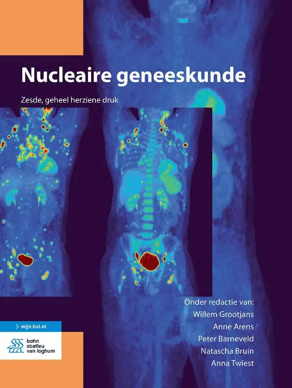 De cover van het product nucleaire geneeskunde toont een medische beeldvorming scan met blauwe, groene en rode accenten