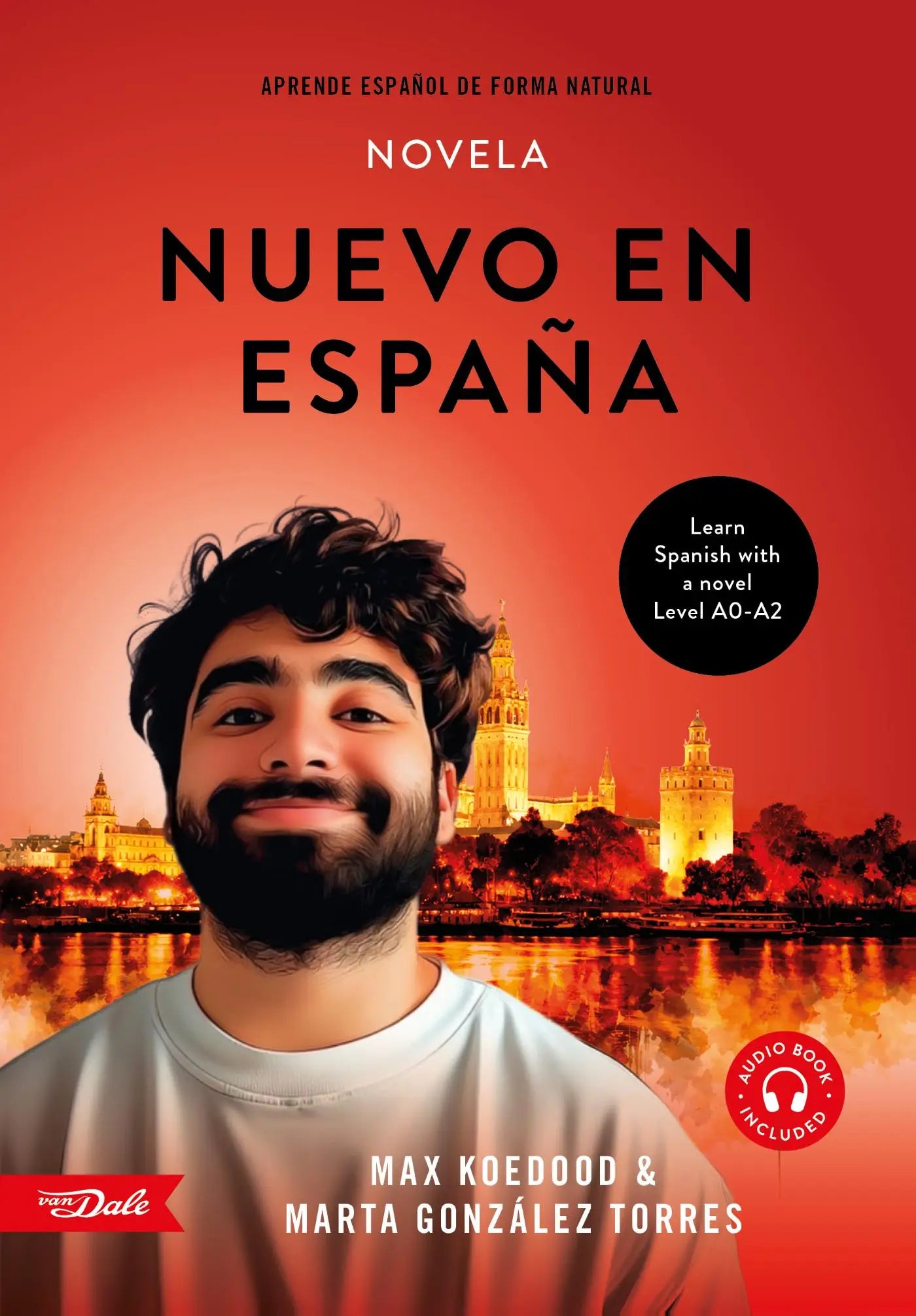 Een levendig rood boek over nuevo en españa met een lachende man en een spaans stadsgezicht om spaans te leren met een novel forma natural