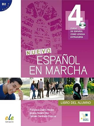 Omslag Nuevo Español en Marcha B2 leerlingboek, magenta met studenten en buiten-scenes