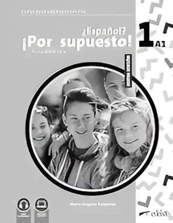 Grijs-witte cirkelvormige omslag van spaans leerboek ¿español por supuesto met glimlachende kindergezichten binnenin