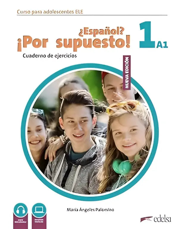 Deka cover van het ¿por supuesto 1 a1 spaans leerboek voor jongeren met foto van lachende studenten met groene koptelefoons en oranje zwarte tekst