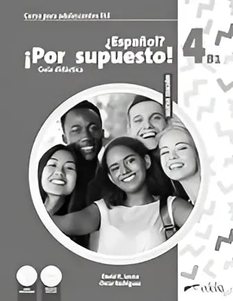Zwart-wit cirkelvormige grafiek met vijf lachende kinderen en de tekst español por supuesto op de cover van nuevo español 4 b1 gids