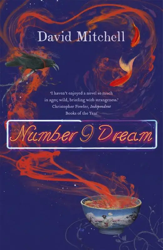 De boekcover van number9dream door david mitchell toont een diepe blauwe achtergrond met vlammen, een zwarte kraai en gouden vissen, shortlisted voor de booker prize