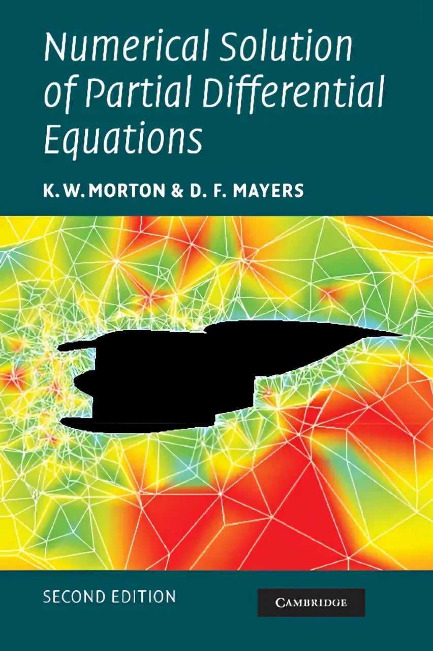 De boekcover van Numerical Solution of Partial Differential Equations toont een zwarte vliegtuigsilhouet op een kleurrijke geometrische achtergrond