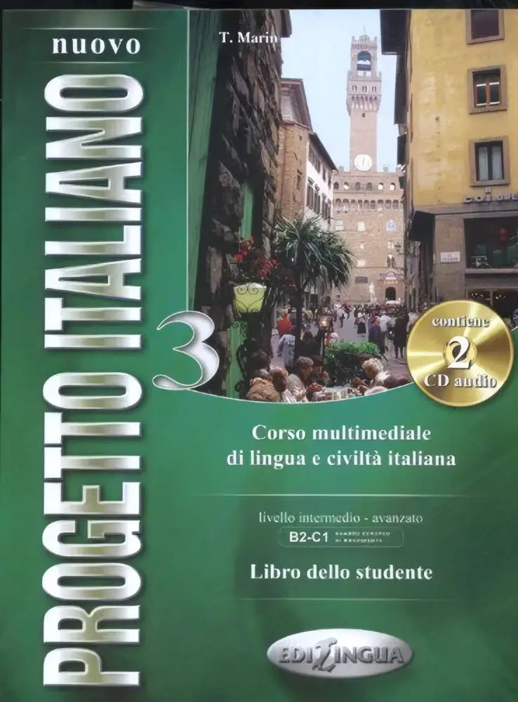 Groen nuovo progetto italiano 3 libro dello studente met een foto van een italiaanse straat op de omslag