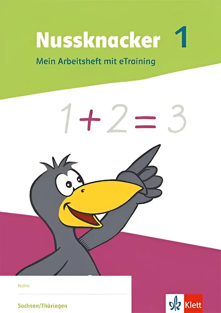 De cover van het nussknacker 1 arbeitsheft mit etraining toont een vrolijke kraai met gele snavel en een rekensom