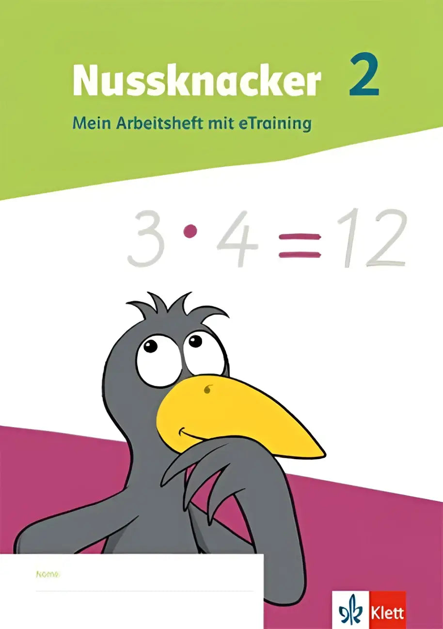 Grijs cartoonkraai met gele snavel en zwarte stekelhaar op cover van nussknacker 2 arbeitsheft mit etraining klasse 2