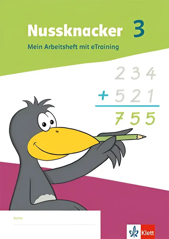 De cover van het arbeitsheft mit etraining nussknacker 3 toont een cartoonpinguïn met gele snavel en groene potlood