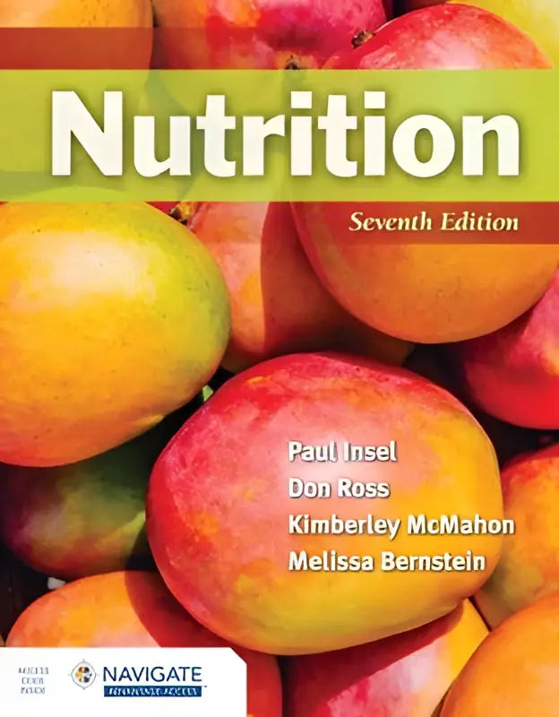 De cover van het nutrition zevende editie leerboek toont rijpe mango’s in geel, oranje en rood die vitamines en mineralen reflecteren