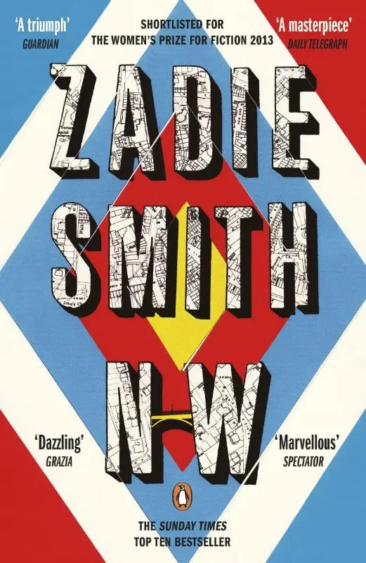 De boekomslag van NW door zadie smith toont zwarte lettertypen met kaarttextuur op een rood blauw wit geometrisch patroon