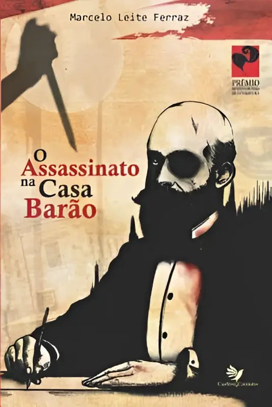 De boekcover van o assassinato na casa barão toont een zwart-wit illustratie van een man met een schedelachtig gezicht op een perkamentachtige achtergrond