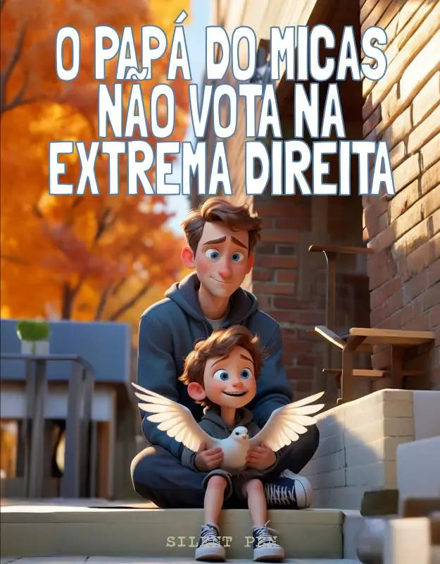 Een witte geanimeerde duif met gespreide vleugels wordt voorzichtig vastgehouden door een kind in o papá do micas não vota na extrema direita
