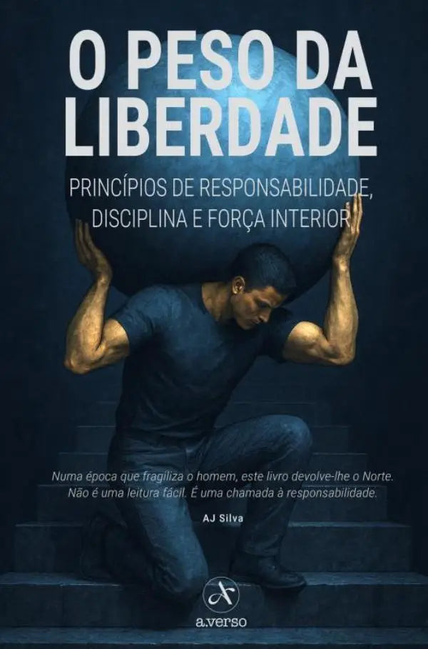 Donkerblauwe boekcover met een knielende man die een gloeiende bol vasthoudt over zijn hoofd in peso da liberdade