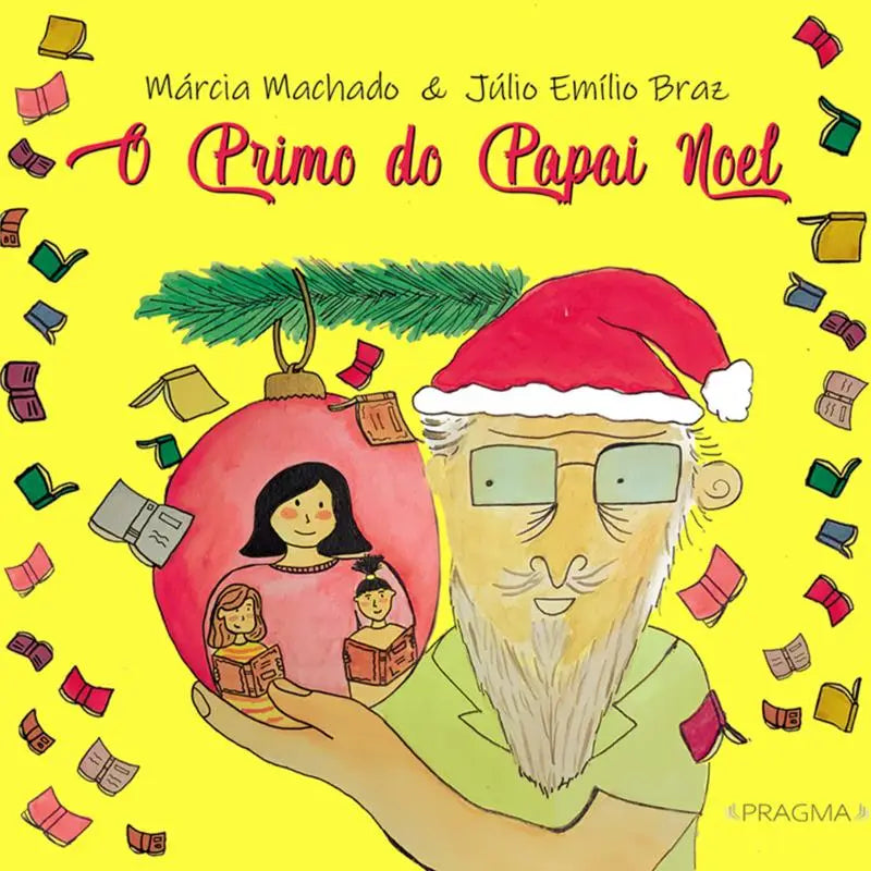Rode glanzende kerstbal met groene dennentak en illustratie van twee kinderen voor het boek o primo do papai noel voor jonge lezers