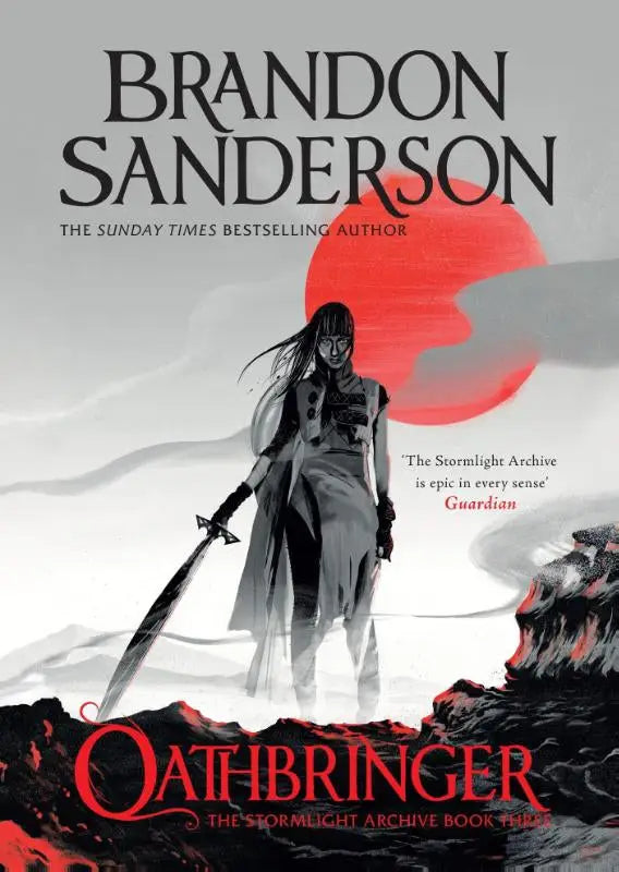 De cover van oathbringer stormlight archive boek drie toont een krijger in grijstinten met rode accenten