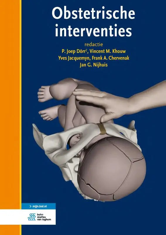 De cover van obstetrische interventies toont een anatomische illustratie van een foetus in het open moederlijk bekken tegen een blauwe achtergrond voor specialistische geneeskunde van bsl media