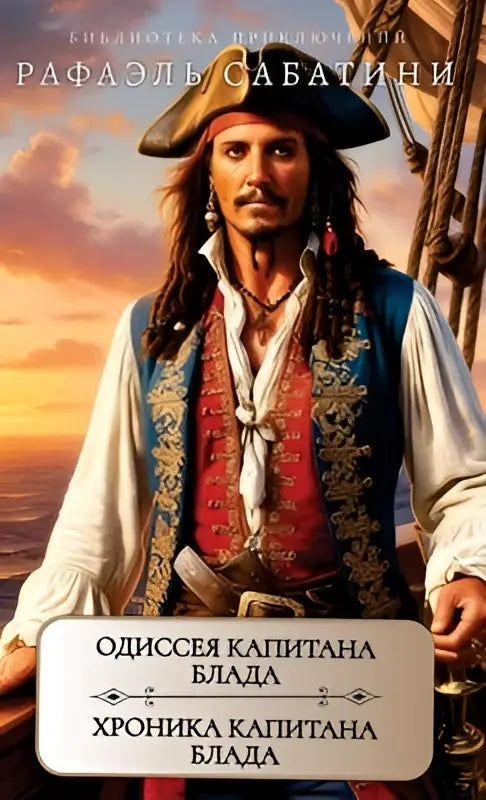 Een piratenboekomslag met johnny depp als kapitein jack sparrow in een goudrijk borduurde vest en driekantige hoed