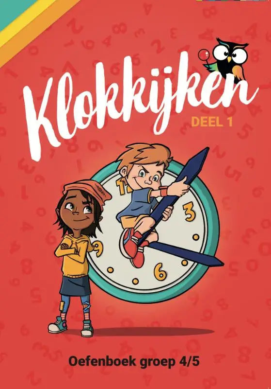 Vibrant rood oefenboek klokkijken groep 4/5 met cartoonfiguren en grote klok illustration stap-voor-stap aanpak