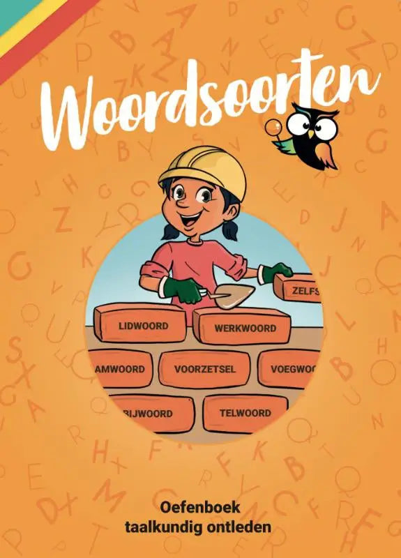 De cover van het oefenboek woordsoorten toont een kind met een gele helm naast stenen met taalkundig ontleden groep labels