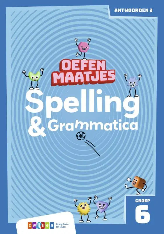 Blauwe oefenmaatjes spelling kinderenwerkboek voor groep 6 met kleurrijke tekenfilmfiguren op gestreepte achtergrond