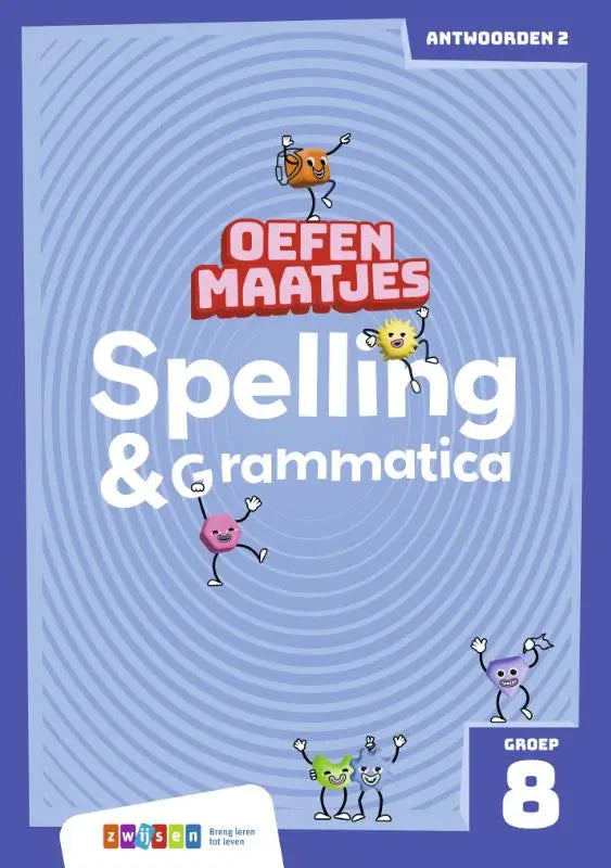Oefenmaatjes spelling workbook met blauwe kaft en kleurrijke cartoonfiguren voor spelling en grammatica oefenen