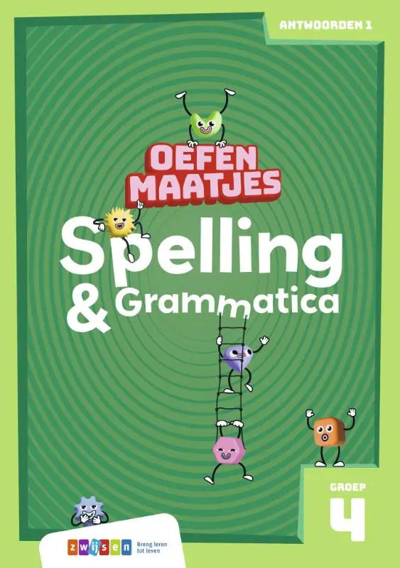 Groen bedekt oefenmaatjes spelling werkboek spelling en grammatica met kleurrijke cartoonfiguren op de voorkant