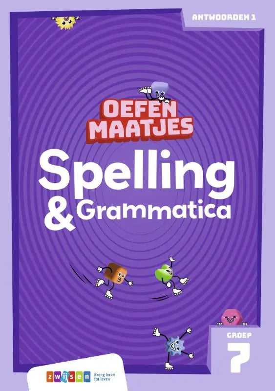Paarse oefenmaatjes spelling werkboek met cartoonfiguren en bold witte en rode tekst voor spelling en grammatica oefenen