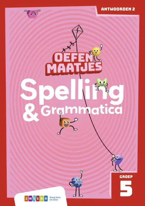 Roze en rode oefenmaatjes spelling en grammatica werkboek omslag met cartoonfiguren voor kinderen