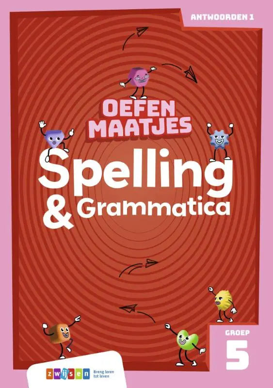 Rood oefenmaatjes spelling grammatica werkboek voor groep 5 met cartoonfiguren op spiraalpatroon achtergrond