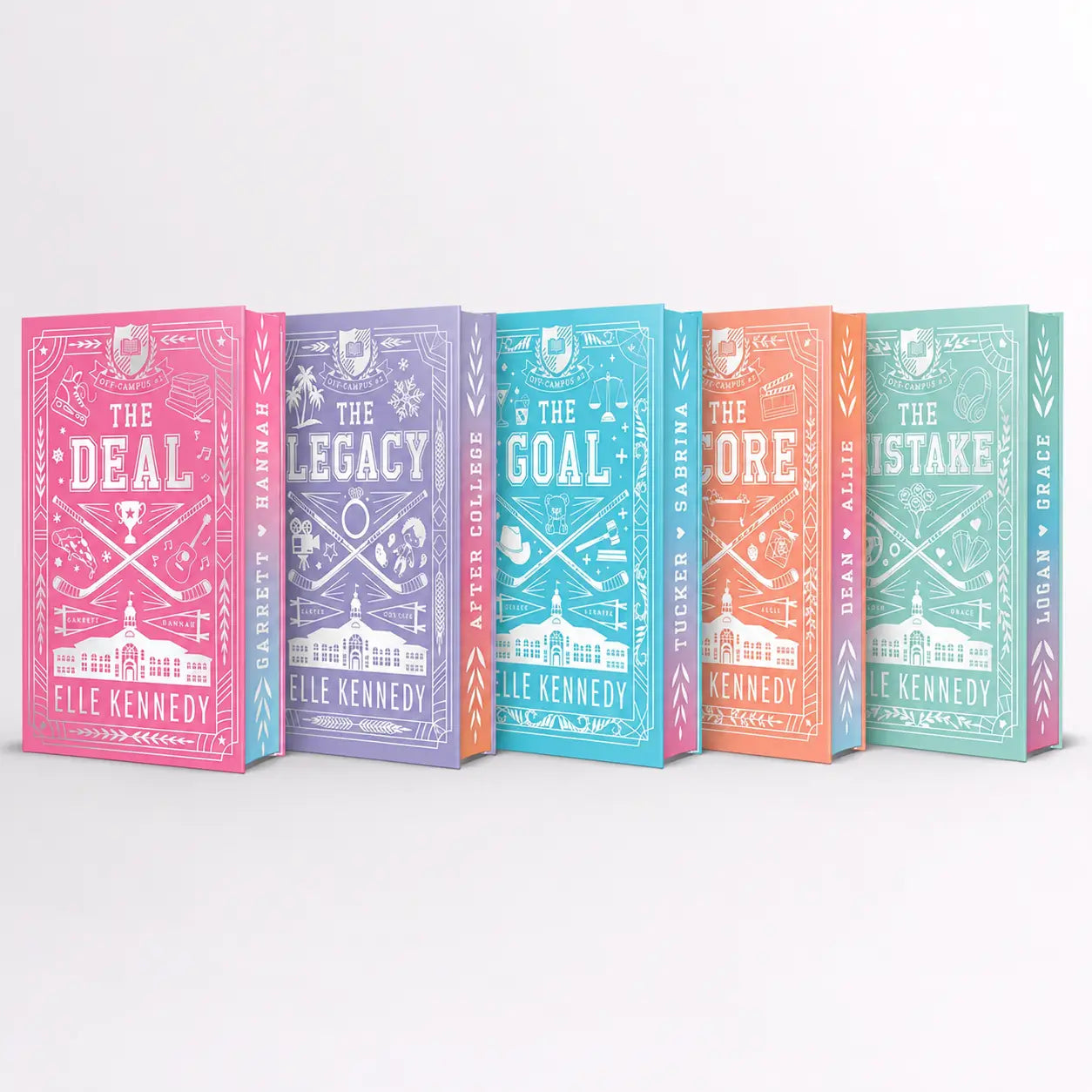 Five colorful hardcover books with white line art by elle kennedy in the off-campus collector’s edition complete set
